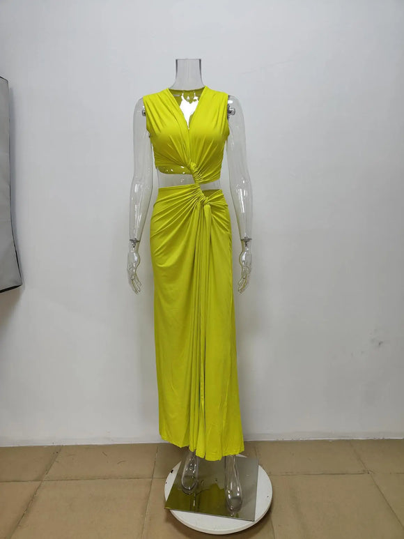 Robe sexy décolleté en V profond élégante ajourée fendue sans manches