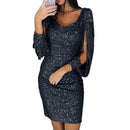Women's Sexy Mini Dress Silver Sequin V Neck Long Sleeve Slim Fit