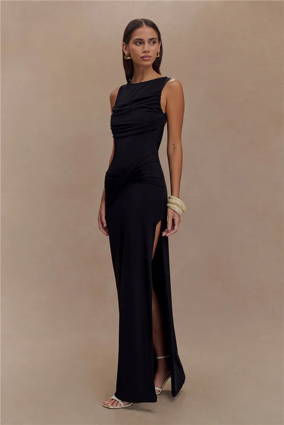 Women's Sexy Long Dress Elegant Ruched Backless Bodycon with High Slit