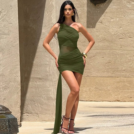 Women's Short Dress Off Shoulder Backless Elegant Ruched Mesh