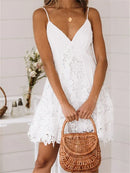 Sexy Dress Bohemian Sleeveless White Elegant Lace A-Line for Women 