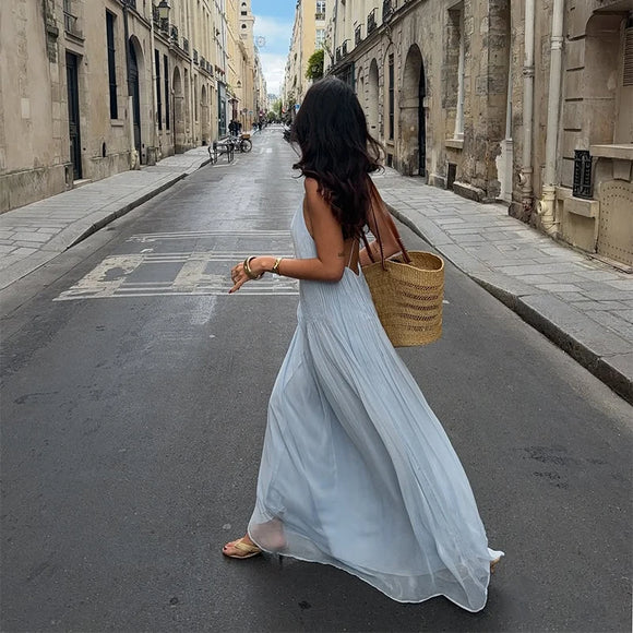 Robe longue sexy pour femme élégante décolleté en V profond froncée dos nu