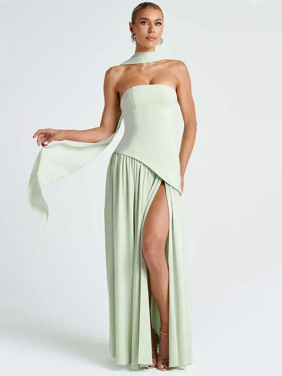 Women's Sexy Maxi Dress Elegant Strapless Backless High Slit Evening Gown