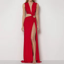 Robe sexy décolleté en V profond élégante ajourée fendue sans manches-20