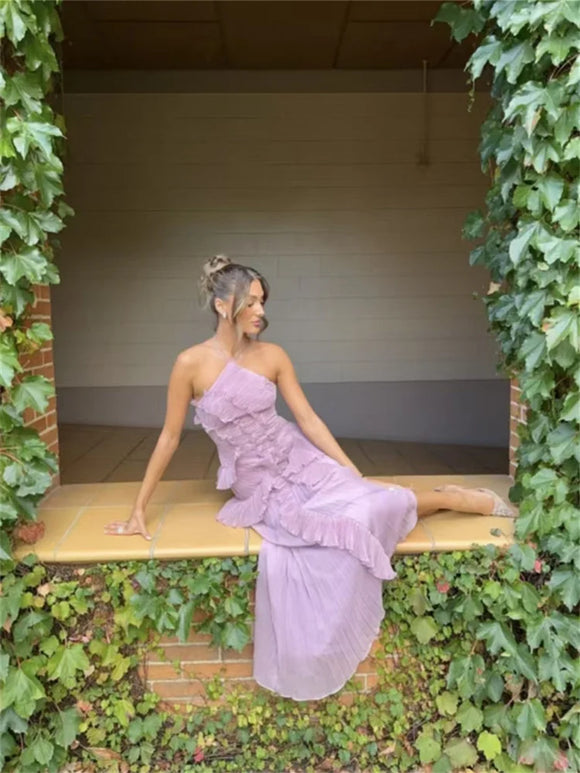 Vestido largo elegante halter hombros descubiertos sin espalda abertura  fruncido