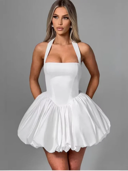 Buy white Women's Sexy Mini Dress Pleated Halter Lace Up Backless Puffed Skirt