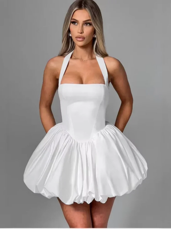 Women's Sexy Mini Dress Pleated Halter Lace Up Backless Puffed Skirt