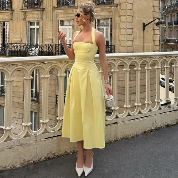 Women's Sexy Midi Dress Halter Backless Solid Sleeveless A-Line