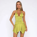 Vestido mini sexy para mujer elegante sin espalda cuello en V fruncido y plisado-8