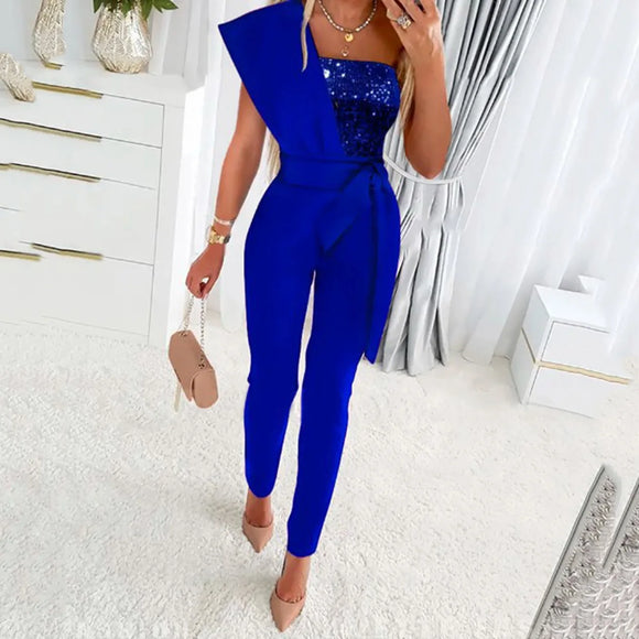 Women’s Jumpsuit Wedding Guest Elegant Sequins One Shoulder Bodycon