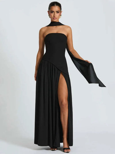 Buy black Women's Sexy Maxi Dress Elegant Strapless Backless High Slit Evening Gown