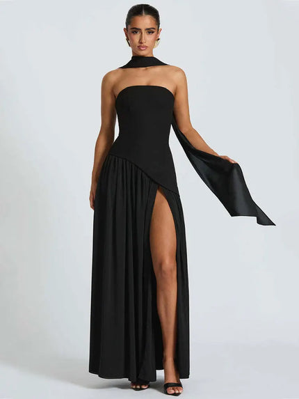 Comprar negro Vestido largo sexy elegante sin tirantes espalda descubierta abertura alta vestido de noche