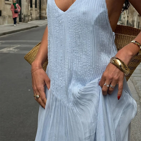 Robe longue sexy pour femme élégante décolleté en V profond froncée dos nu