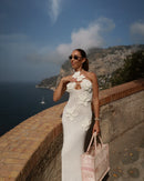 Elegante vestido largo floral con cuello halter sexy calado sin mangas-12