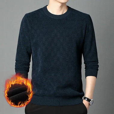 Buy navyblue Men’s Sweater Pullover Knitted Warm Thick Chenille Jacquard Round Neck