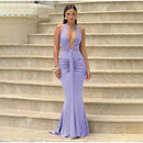 Women's Sexy Maxi Dress Elegant Deep V-Neck Ruched Backless
