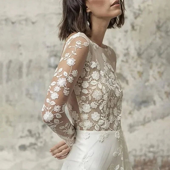 Women's Wedding Jumpsuit Elegant Lace Two Piece High Waist Long Sleeve