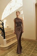 Women's Sexy Maxi Dress Elegant Satin One Shoulder Backless Bodycon