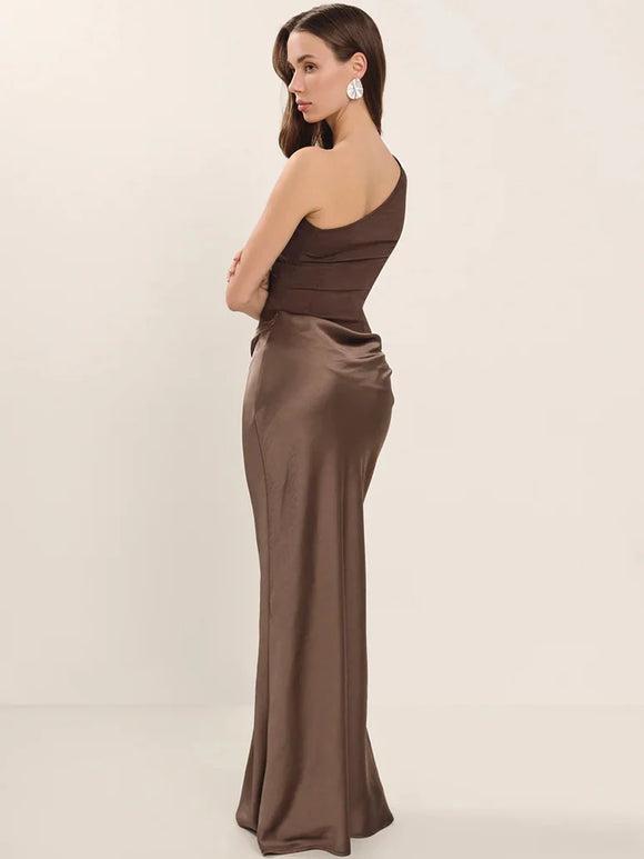 Women's Sexy Maxi Dress Elegant Satin One Shoulder Backless Bodycon