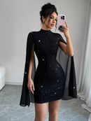 Women's Sexy Mini Dress Sparkly Sequin Bodycon Long Bell Sleeves-7