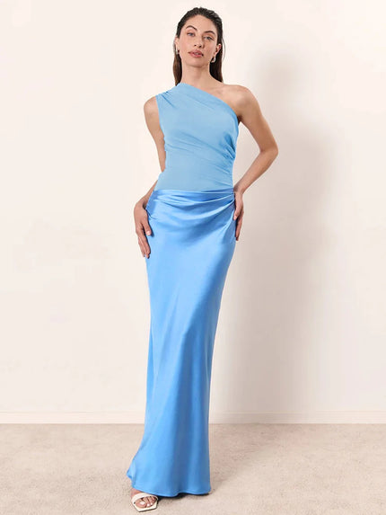 Buy blue Women's Sexy Maxi Dress Elegant Satin One Shoulder Backless Bodycon