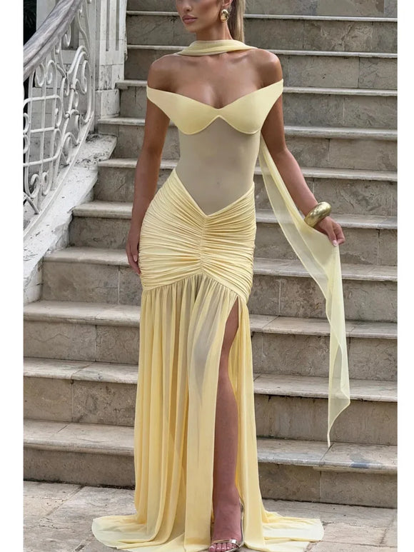 Women's Sexy Maxi Dress Off Shoulder Deep Slit Backless Elegant