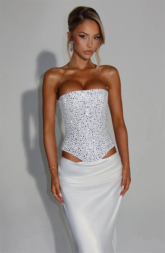 Women's Sexy Dress Sequin Set Crop Top Long Satin Skirt Elegant