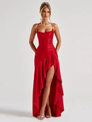 Articat Elegant Sexy Long Dress Satin Women Spaghetti Straps Backless Slit