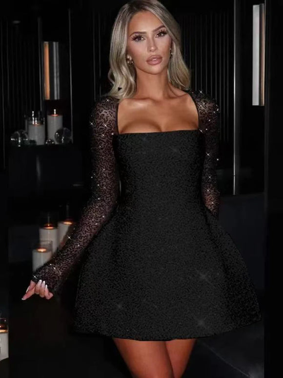 Women's Sexy Mini Dress Sequined Long Sleeve Backless Lace Up A-Line