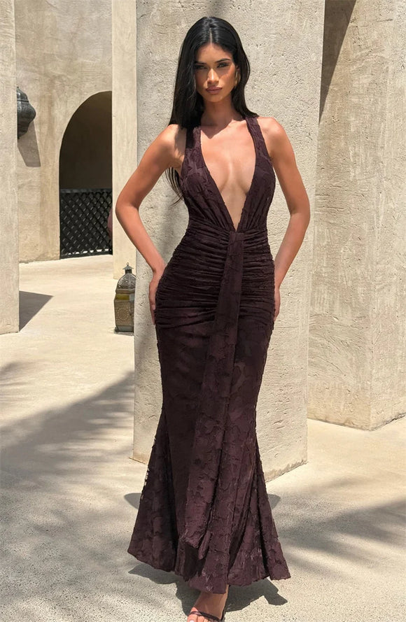 Women’s Dress Elegant Maxi Deep V Neck Backless Sleeveless Draped Ruched