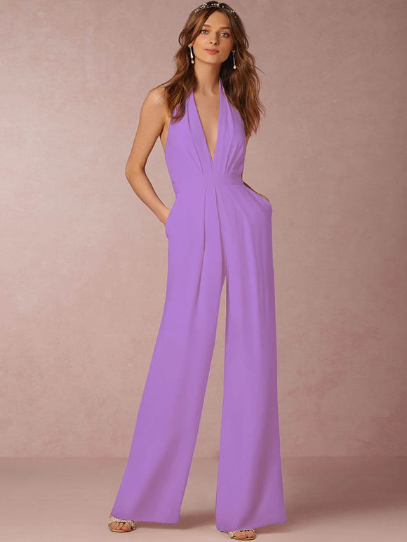 Women's Jumpsuit Elegant Deep V Neck Slim Sleeveless Backless Wide Leg