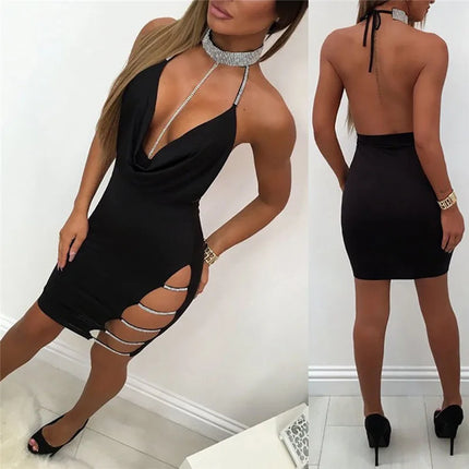 Women's Sexy Mini Dress Halter elegant Backless Bodycon with Slit