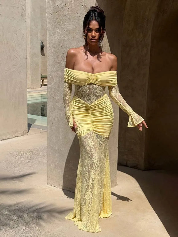 Women's Sexy Maxi Dress Elegant Pleated Lace Patchwork Evening Party