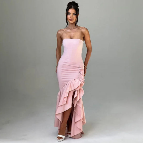 Women's Sexy Maxi Dress Elegant Ruffles Sleeveless Backless Bodycon