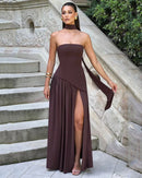 Women's Sexy Maxi Dress Elegant Strapless Backless High Slit Evening Gown