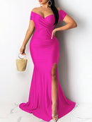 Women's Sexy Long Dress High Slit Evening with Sleeves Elegant Mermaid
