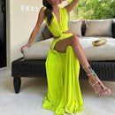 Robe sexy décolleté en V profond élégante ajourée fendue sans manches-14