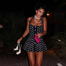 Mini-robe sexy élégante à pois pour femme dos nu sans manches coupe trapèze-13