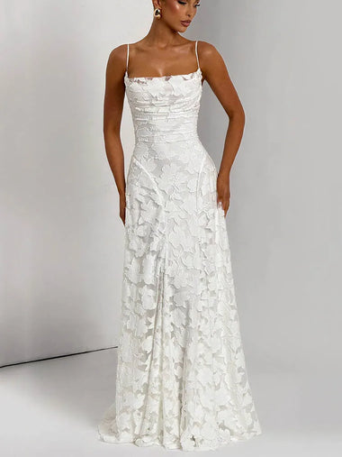 Buy white Elegant Maxi Dress Chiffon Patchwork Spaghetti Strap Backless Prom