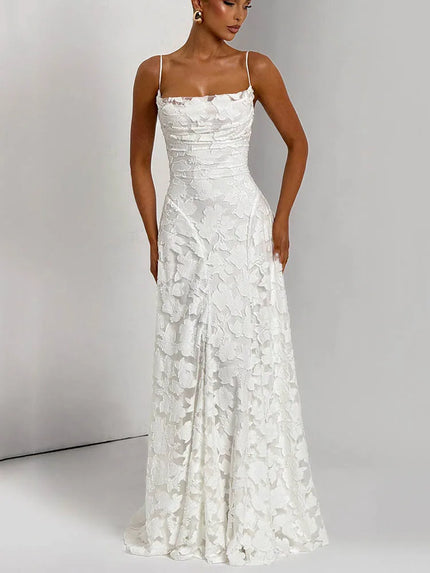 Buy white Elegant Maxi Dress Chiffon Patchwork Spaghetti Strap Backless Prom