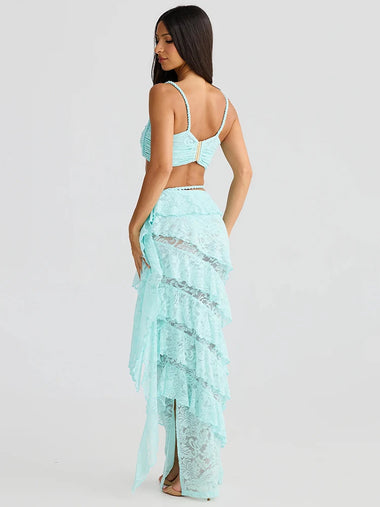 Women's Sexy Sets Two-Piece Lace Crop Top Long Elegant Skirt