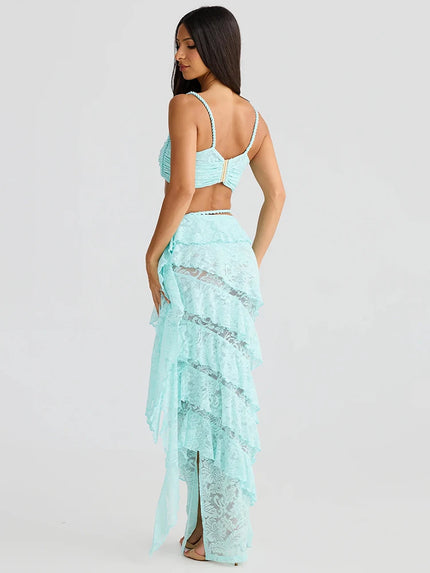 Women's Sexy Sets Two-Piece Lace Crop Top Long Elegant Skirt