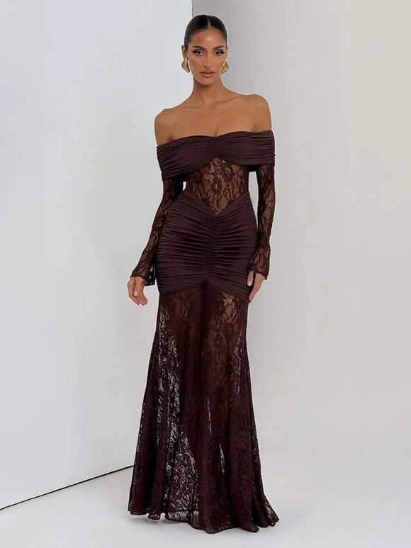 Women's Sexy Maxi Dress Elegant Pleated Lace Patchwork Evening Party