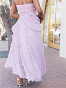 Vestido largo elegante halter hombros descubiertos sin espalda abertura  fruncido-12