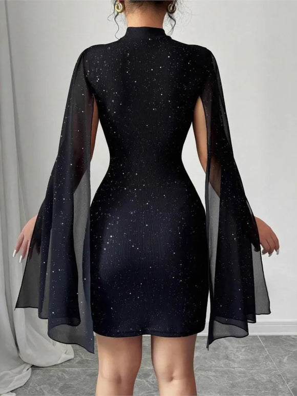 Women's Sexy Mini Dress Sparkly Sequin Bodycon Long Bell Sleeves