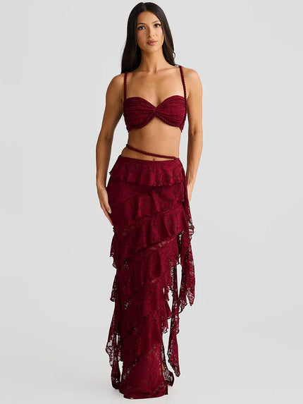 Women's Sexy Sets Two-Piece Lace Crop Top Long Elegant Skirt