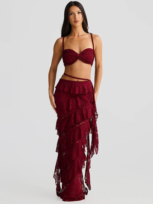 Women's Sexy Sets Two-Piece Lace Crop Top Long Elegant Skirt
