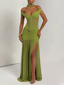 Women's Sexy Dress Elegant Long Deep V Neck Backless Ruched Gown-7