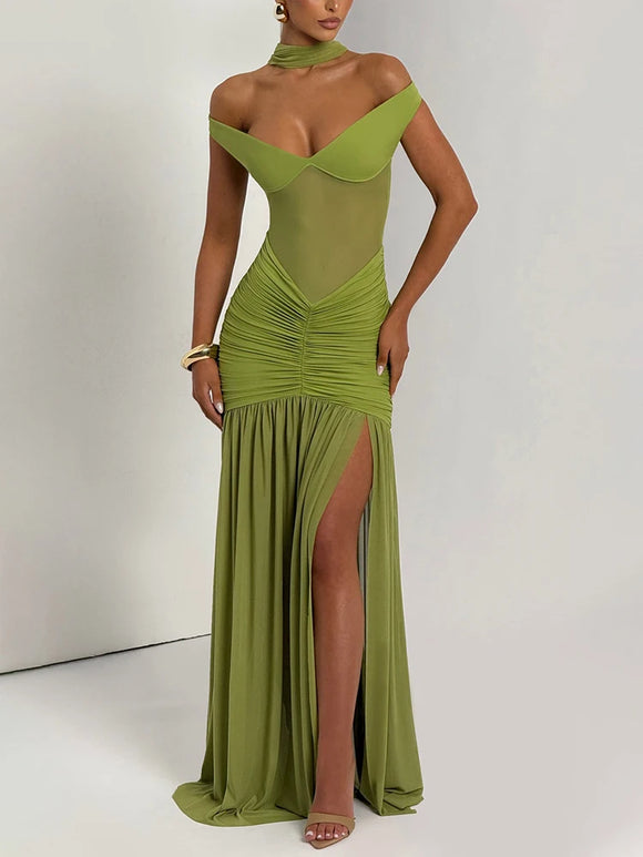 Women's Sexy Dress Elegant Long Deep V Neck Backless Ruched Gown