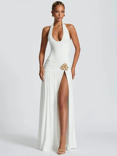 Maxi Dress Set Sexy Elegant Backless Halter Neck Bodysuit Slit Long Skirt